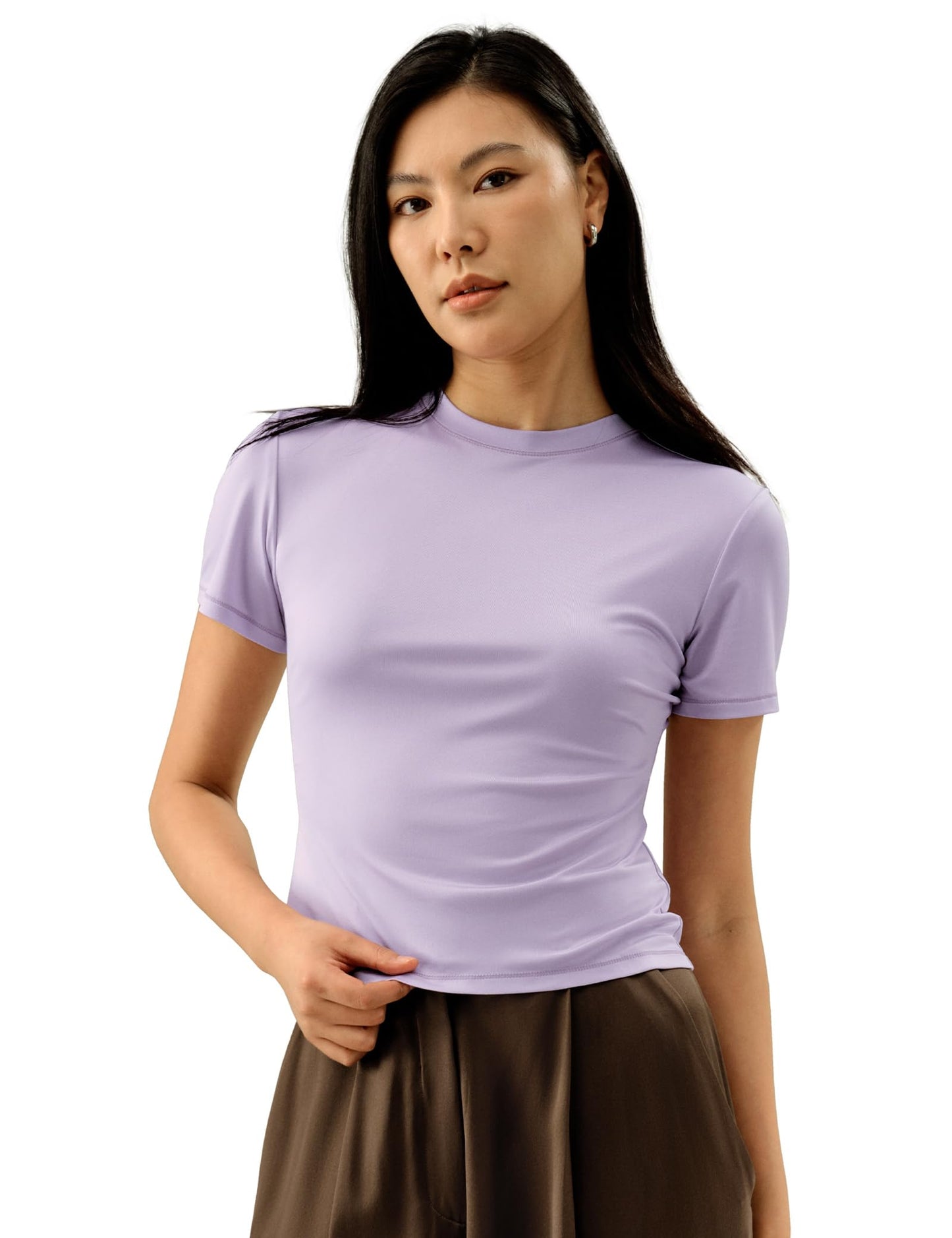 LilySilk 100% Silk Jersey Tee Slim Fit Crew Neck Short Sleeves Cropped T Shirt Casual Solid Tops