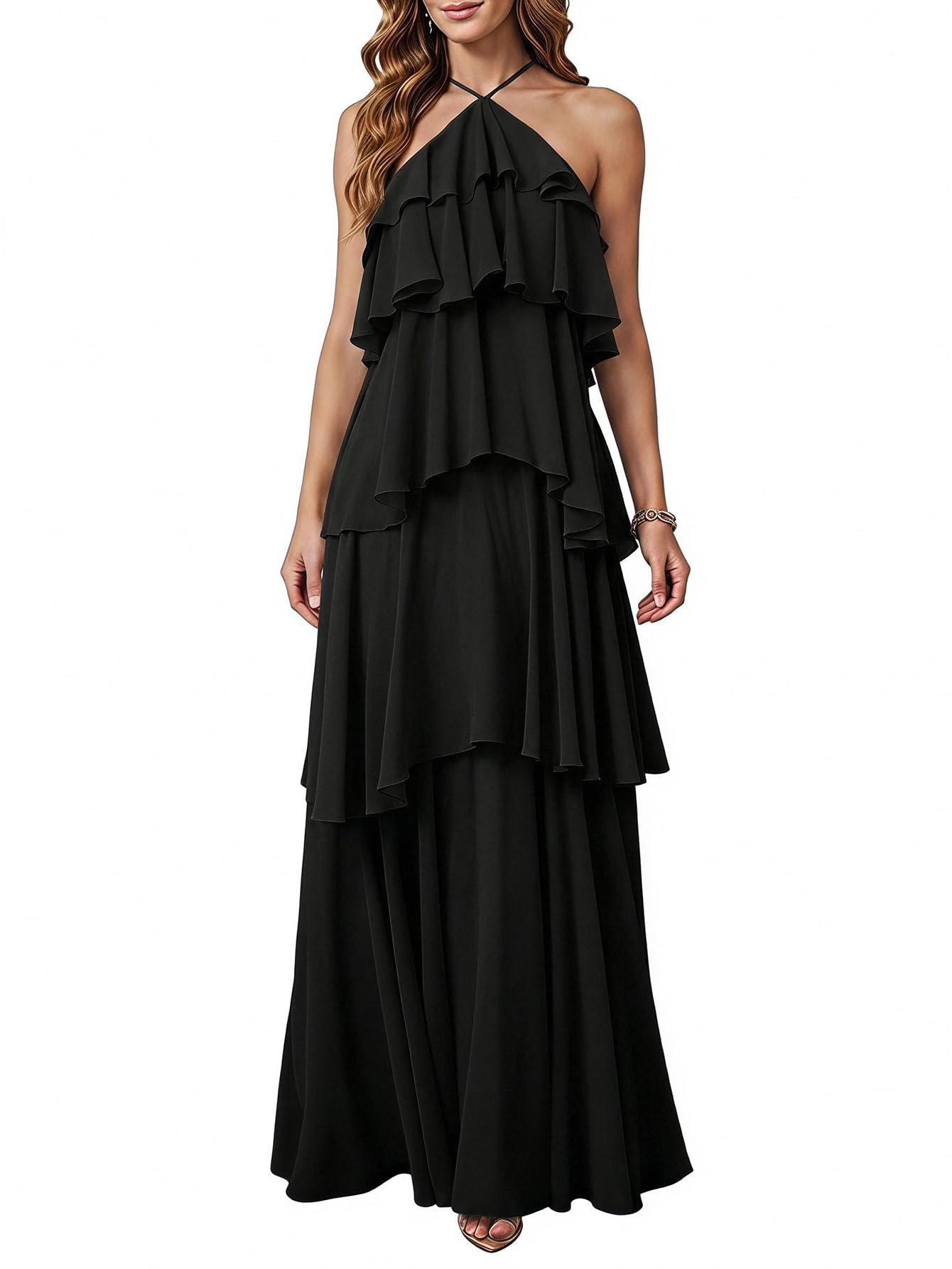 SOLY HUX Women's Wedding Guest Dress Sundresses Ruffle Layered Halter Backless Flowy Formal Maxi Dresses