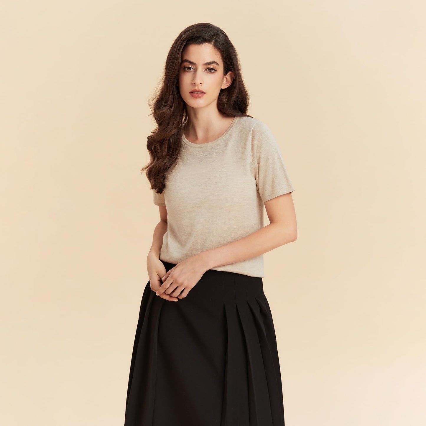 GreenMount Women's Silk Cashmere Round Neck T-Shirt Stretchy Basic Tee Summer Tops for Women