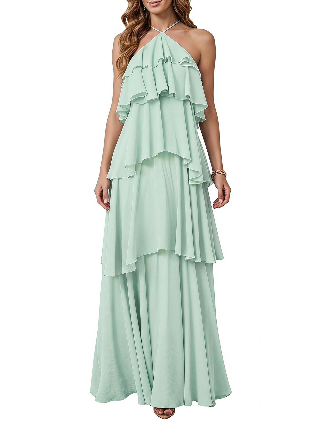 SOLY HUX Women's Wedding Guest Dress Sundresses Ruffle Layered Halter Backless Flowy Formal Maxi Dresses