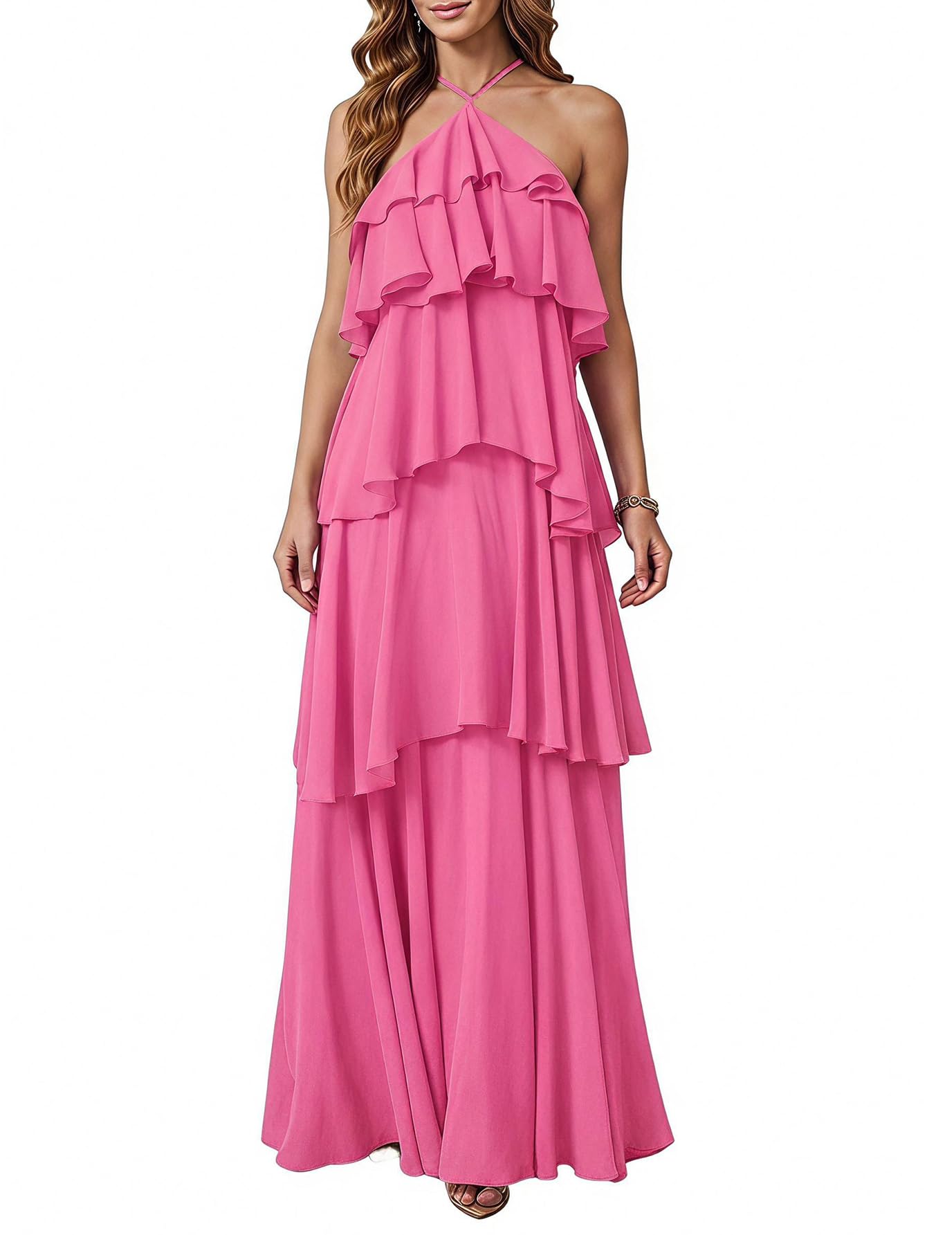SOLY HUX Women's Wedding Guest Dress Sundresses Ruffle Layered Halter Backless Flowy Formal Maxi Dresses