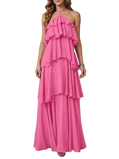 SOLY HUX Women's Wedding Guest Dress Sundresses Ruffle Layered Halter Backless Flowy Formal Maxi Dresses