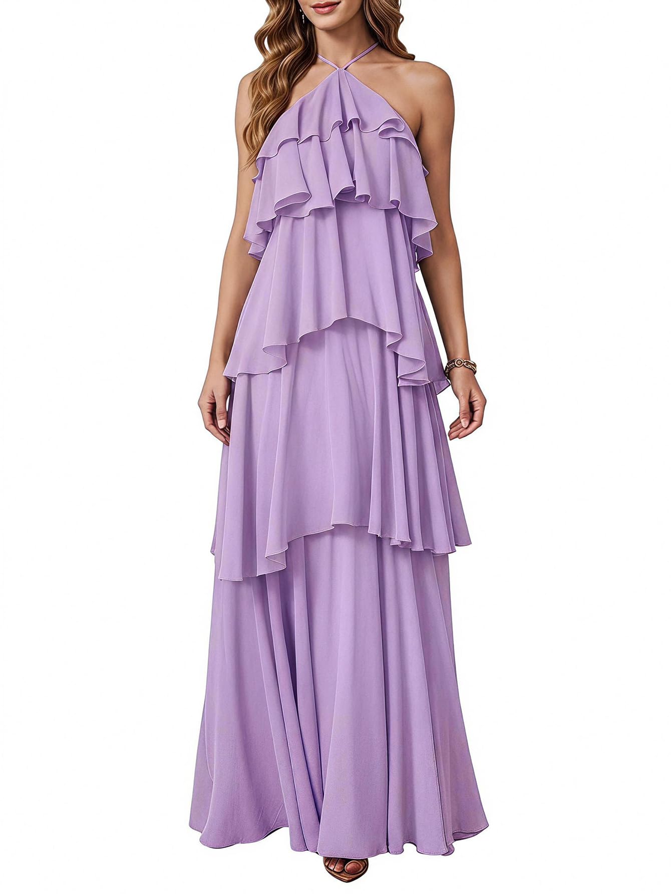 SOLY HUX Women's Wedding Guest Dress Sundresses Ruffle Layered Halter Backless Flowy Formal Maxi Dresses