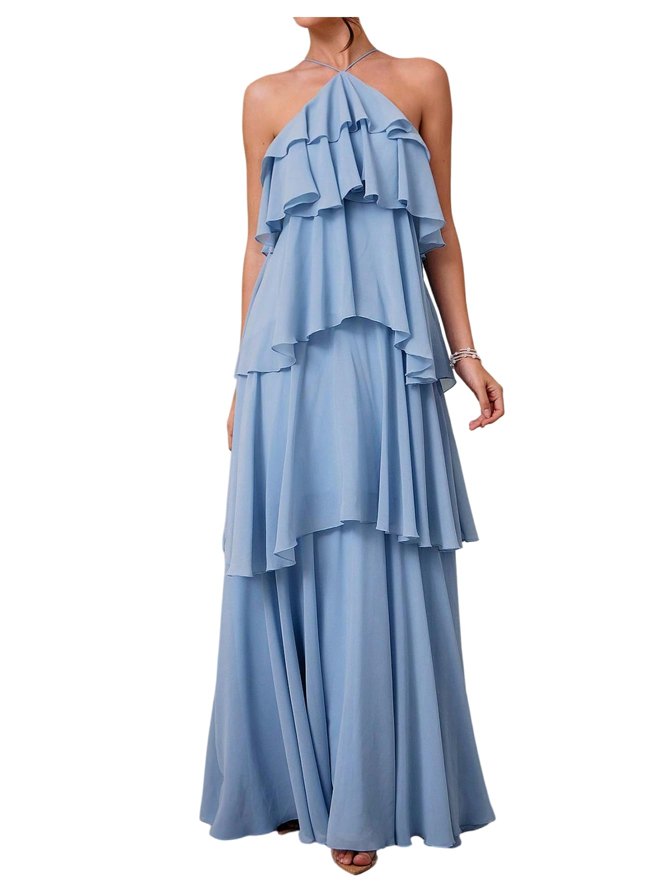 SOLY HUX Women's Wedding Guest Dress Sundresses Ruffle Layered Halter Backless Flowy Formal Maxi Dresses