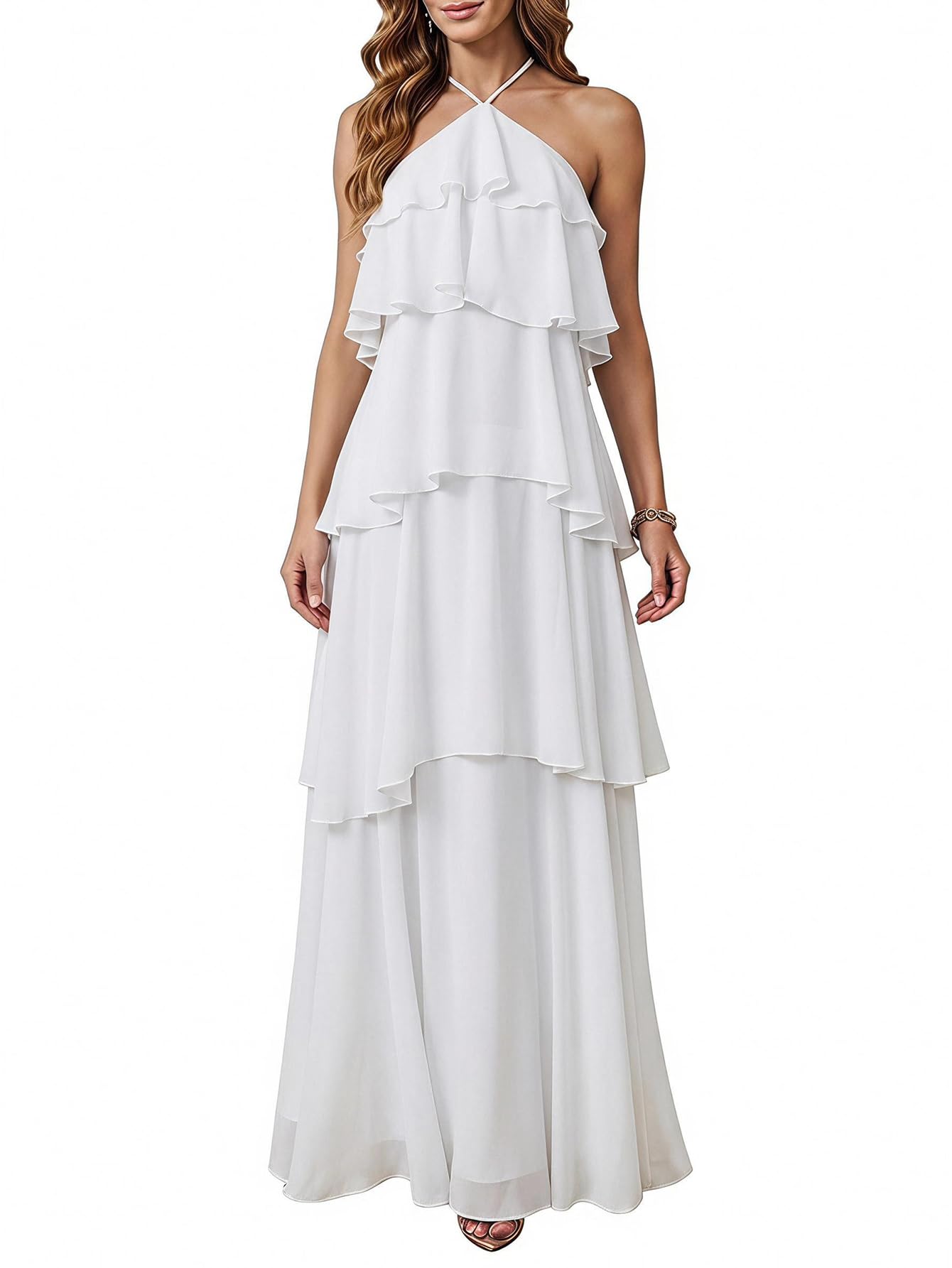 SOLY HUX Women's Wedding Guest Dress Sundresses Ruffle Layered Halter Backless Flowy Formal Maxi Dresses