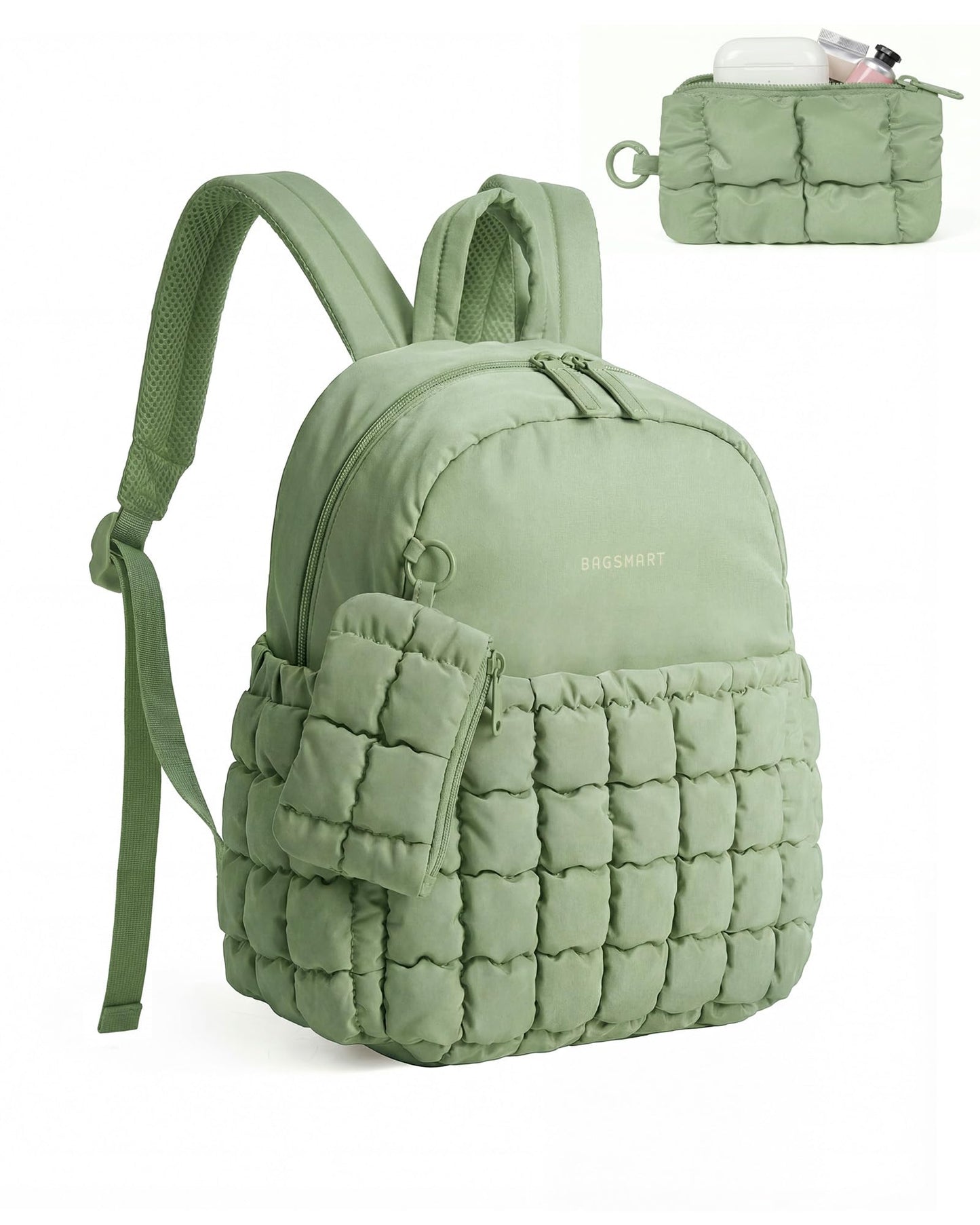 BAGSMART Mini Backpacks for Women, Puffy Checkered Quilted, Lightweight Water-Resistant Small Backpack Set with Pouch