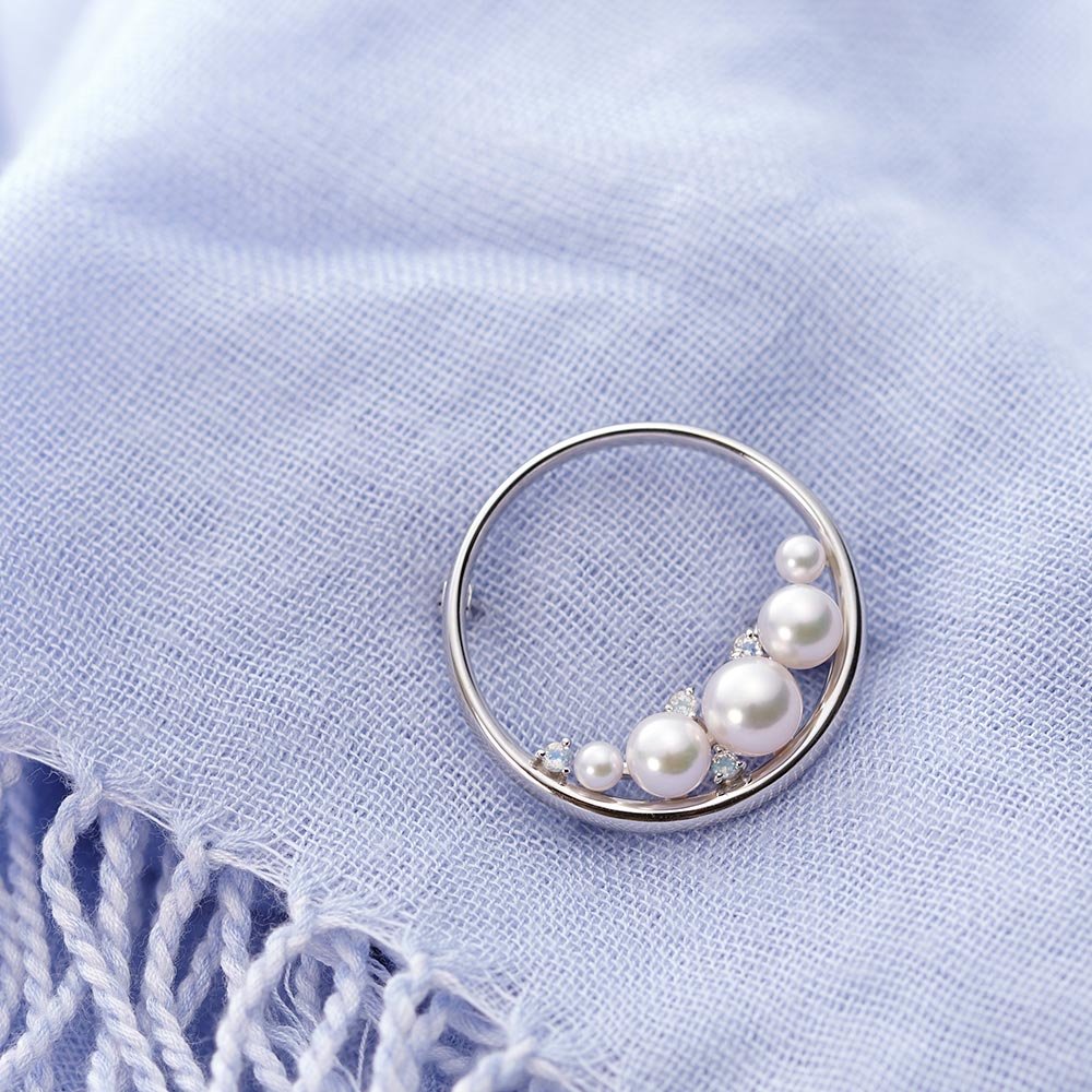 Japanese 3.5-7.0mm Akoya Cultured Pearl with Blue moonstone Brooch for Women with Sterling Silver | Elegant Design Excellent Gift | Pearl Brooch