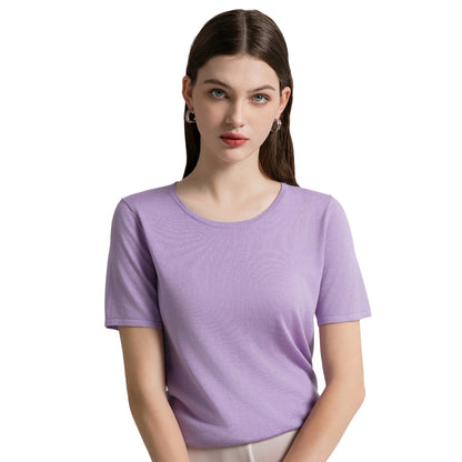 GreenMount Women's Silk Cashmere Round Neck T-Shirt Stretchy Basic Tee Summer Tops for Women