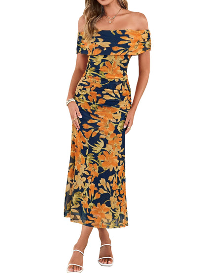 Simplee Womens Summer Floral Off Shoulder Maxi Dress 2026 Spring Ruched Bodycon Formal Wedding Guest Cocktail Dresses