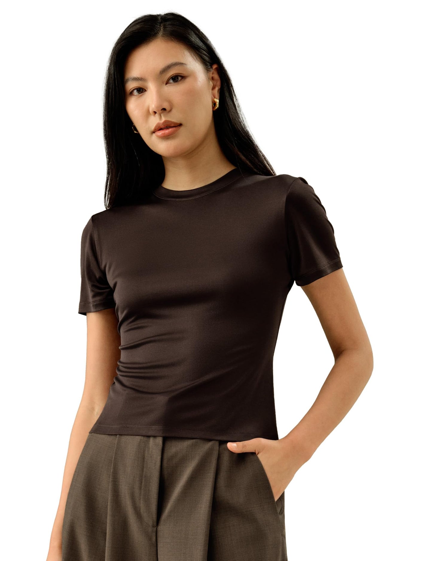 LilySilk 100% Silk Jersey Tee Slim Fit Crew Neck Short Sleeves Cropped T Shirt Casual Solid Tops