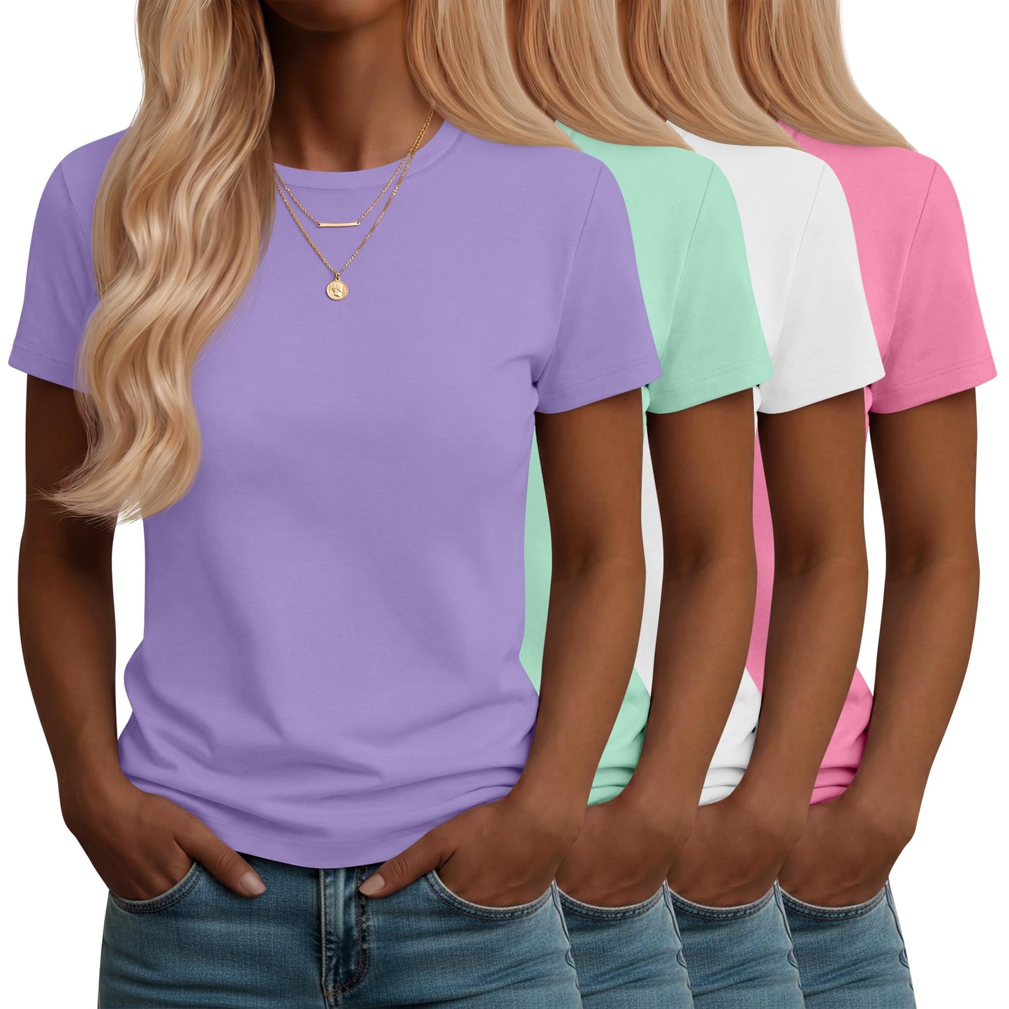 Neer 4 Pack Women's Crew Neck T Shirts Summer Short Sleeve Casual Basic Tops Loose Fit Flat Hem Tees