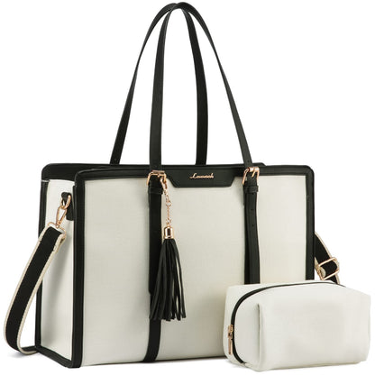 LOVEVOOK Laptop Tote Bag for Women,17 inch Canvas Leather Computer bag with Clutch Purse for Business, Travel, School, Casual