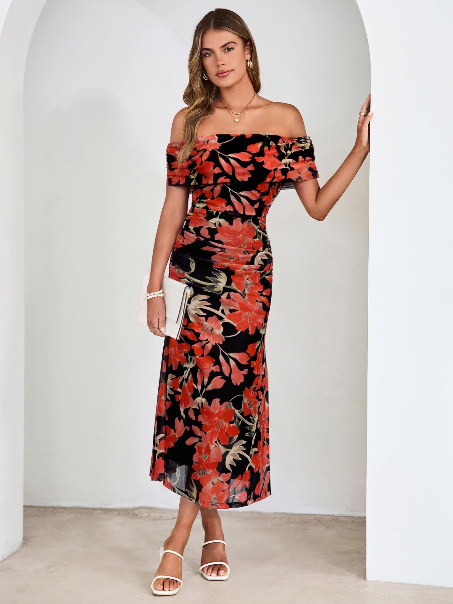 Simplee Womens Summer Floral Off Shoulder Maxi Dress 2026 Spring Ruched Bodycon Formal Wedding Guest Cocktail Dresses