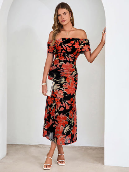 Simplee Womens Summer Floral Off Shoulder Maxi Dress 2026 Spring Ruched Bodycon Formal Wedding Guest Cocktail Dresses