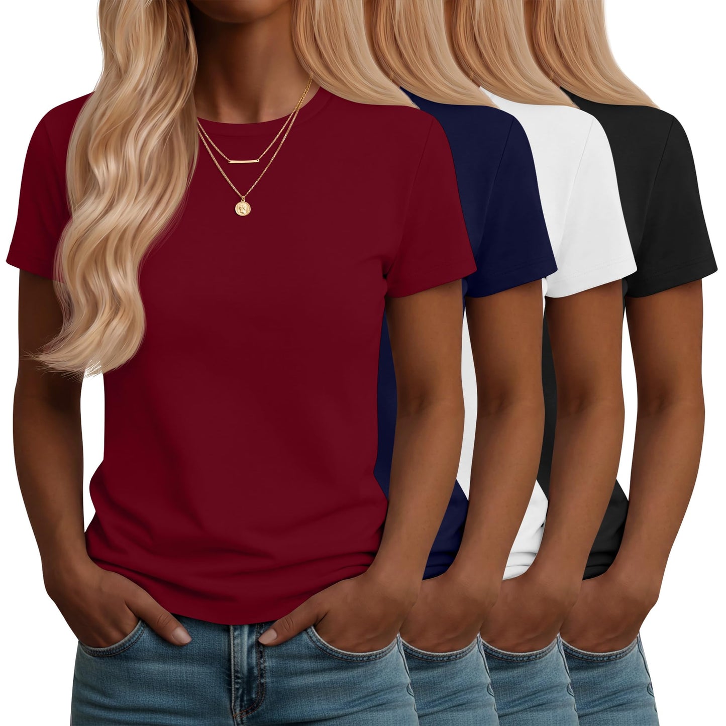 Neer 4 Pack Women's Crew Neck T Shirts Summer Short Sleeve Casual Basic Tops Loose Fit Flat Hem Tees