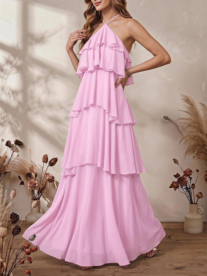 SOLY HUX Women's Wedding Guest Dress Sundresses Ruffle Layered Halter Backless Flowy Formal Maxi Dresses
