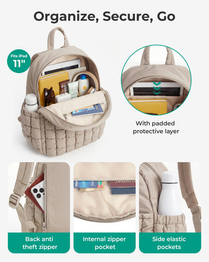 BAGSMART Mini Backpacks for Women, Puffy Checkered Quilted, Lightweight Water-Resistant Small Backpack Set with Pouch