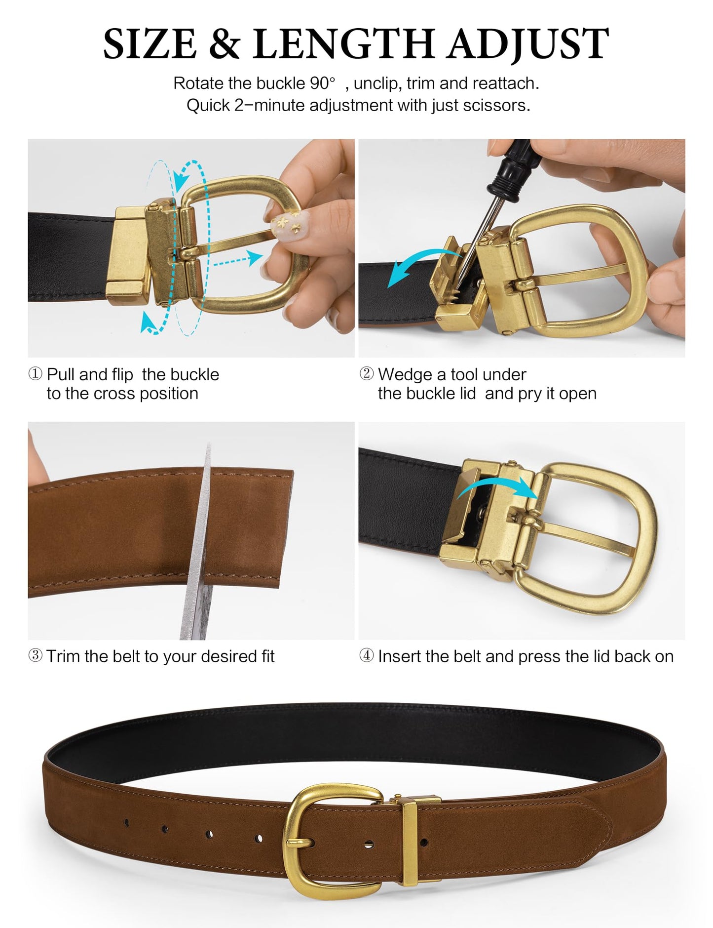 wolksprong Womens Suede Leather Belt Premium Top-Grain Suede with Gold Buckle for Business Casual Cut to Fit