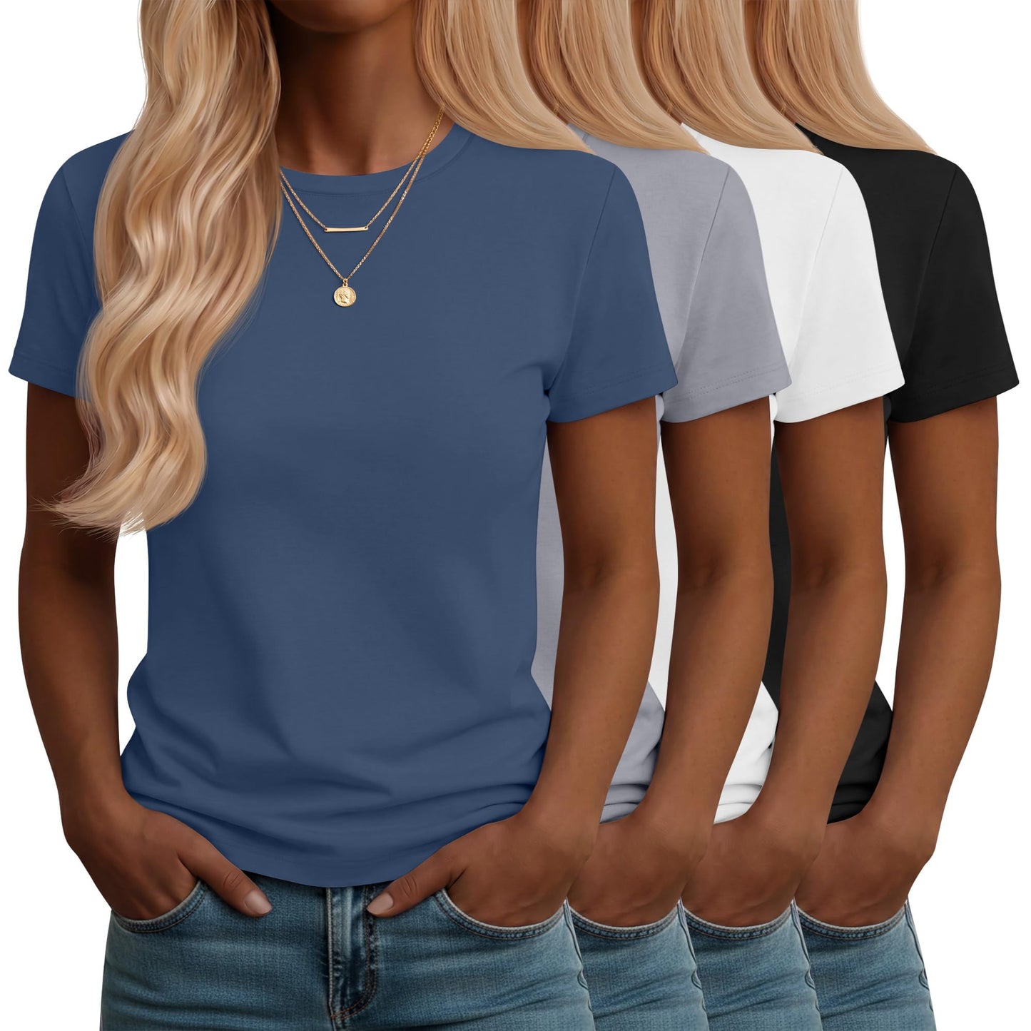 Neer 4 Pack Women's Crew Neck T Shirts Summer Short Sleeve Casual Basic Tops Loose Fit Flat Hem Tees