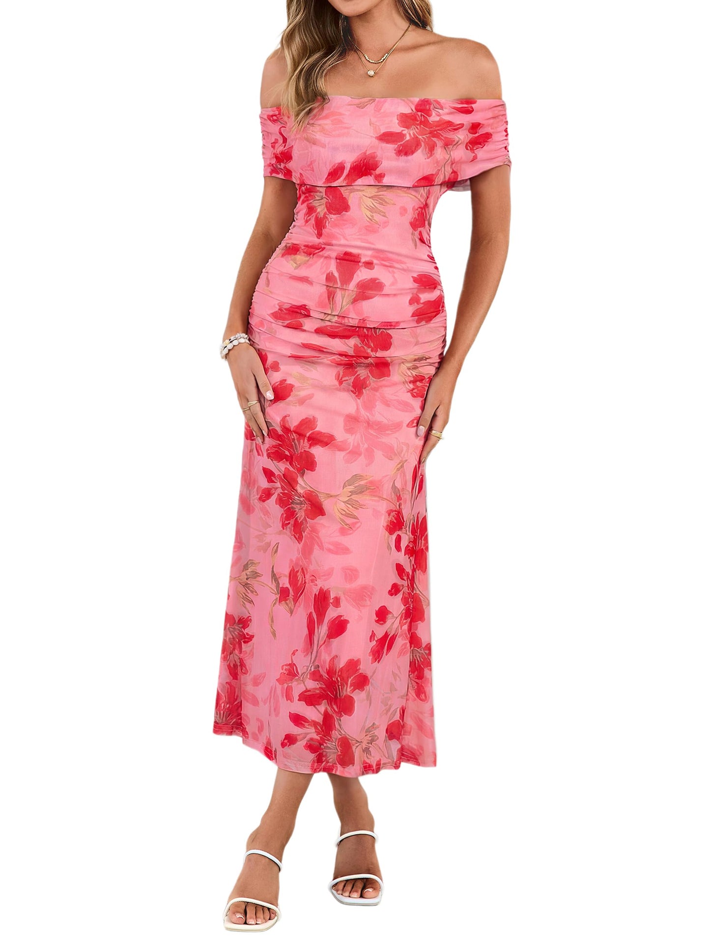 Simplee Womens Summer Floral Off Shoulder Maxi Dress 2026 Spring Ruched Bodycon Formal Wedding Guest Cocktail Dresses