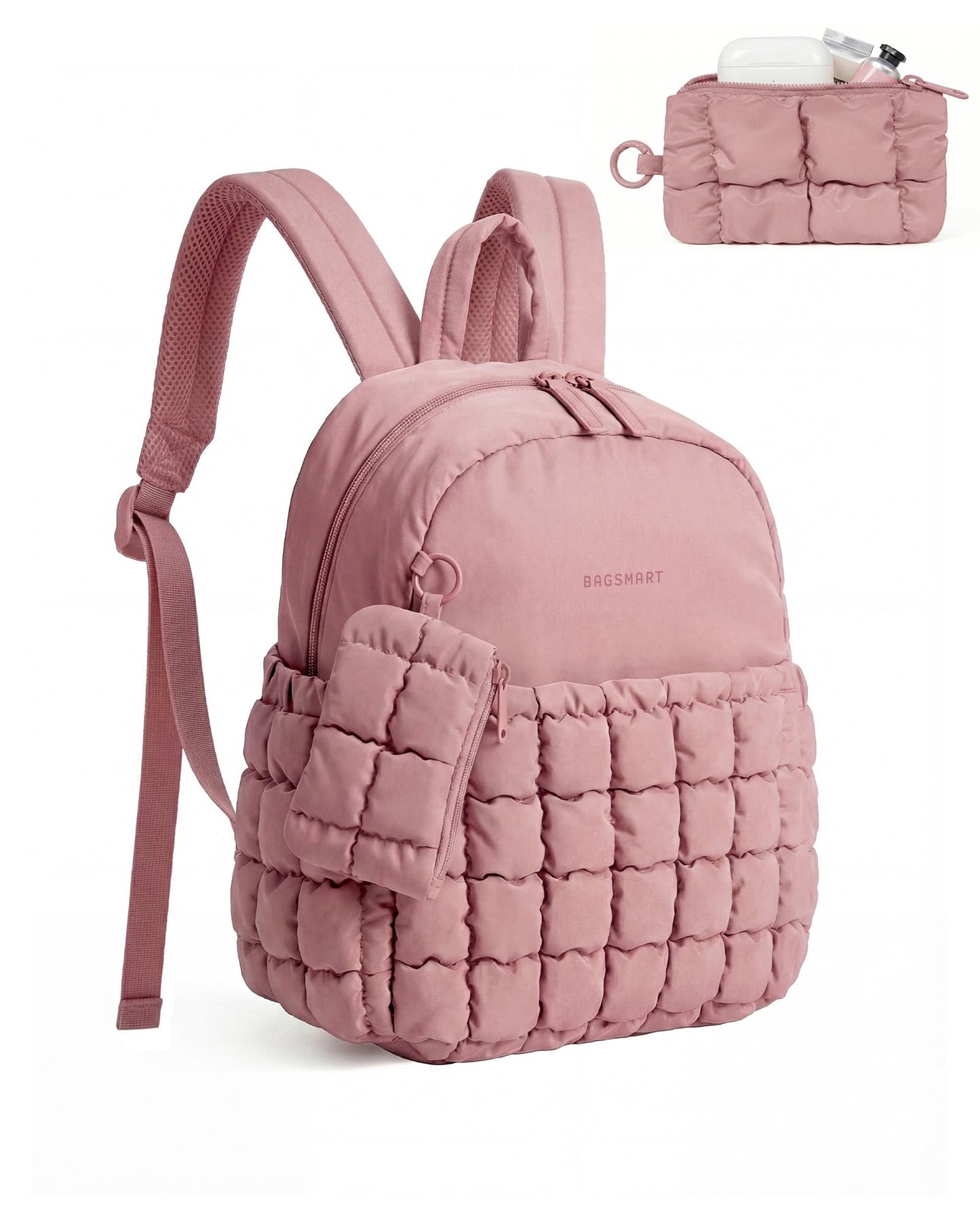BAGSMART Mini Backpacks for Women, Puffy Checkered Quilted, Lightweight Water-Resistant Small Backpack Set with Pouch