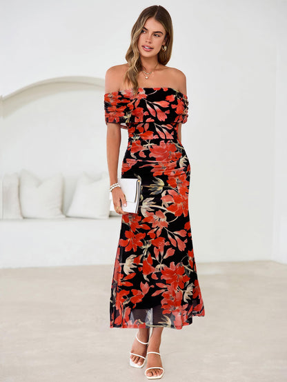Simplee Womens Summer Floral Off Shoulder Maxi Dress 2026 Spring Ruched Bodycon Formal Wedding Guest Cocktail Dresses
