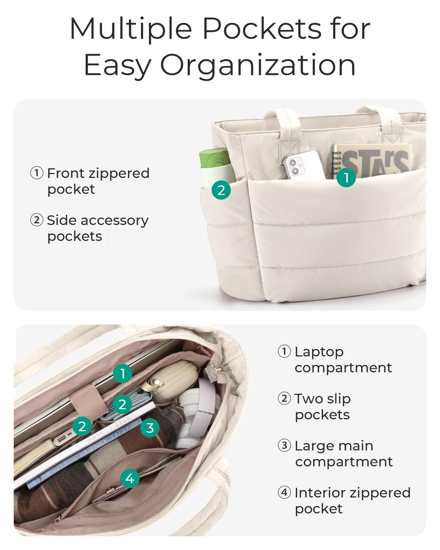 BAGSMART Tote Bag for Women, Lightweight Puffy Tote Bag with Compartments Shoulder Bag Handbag for Travel, Work, Gym