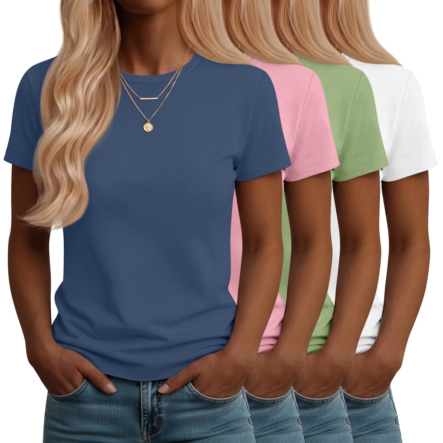 Neer 4 Pack Women's Crew Neck T Shirts Summer Short Sleeve Casual Basic Tops Loose Fit Flat Hem Tees
