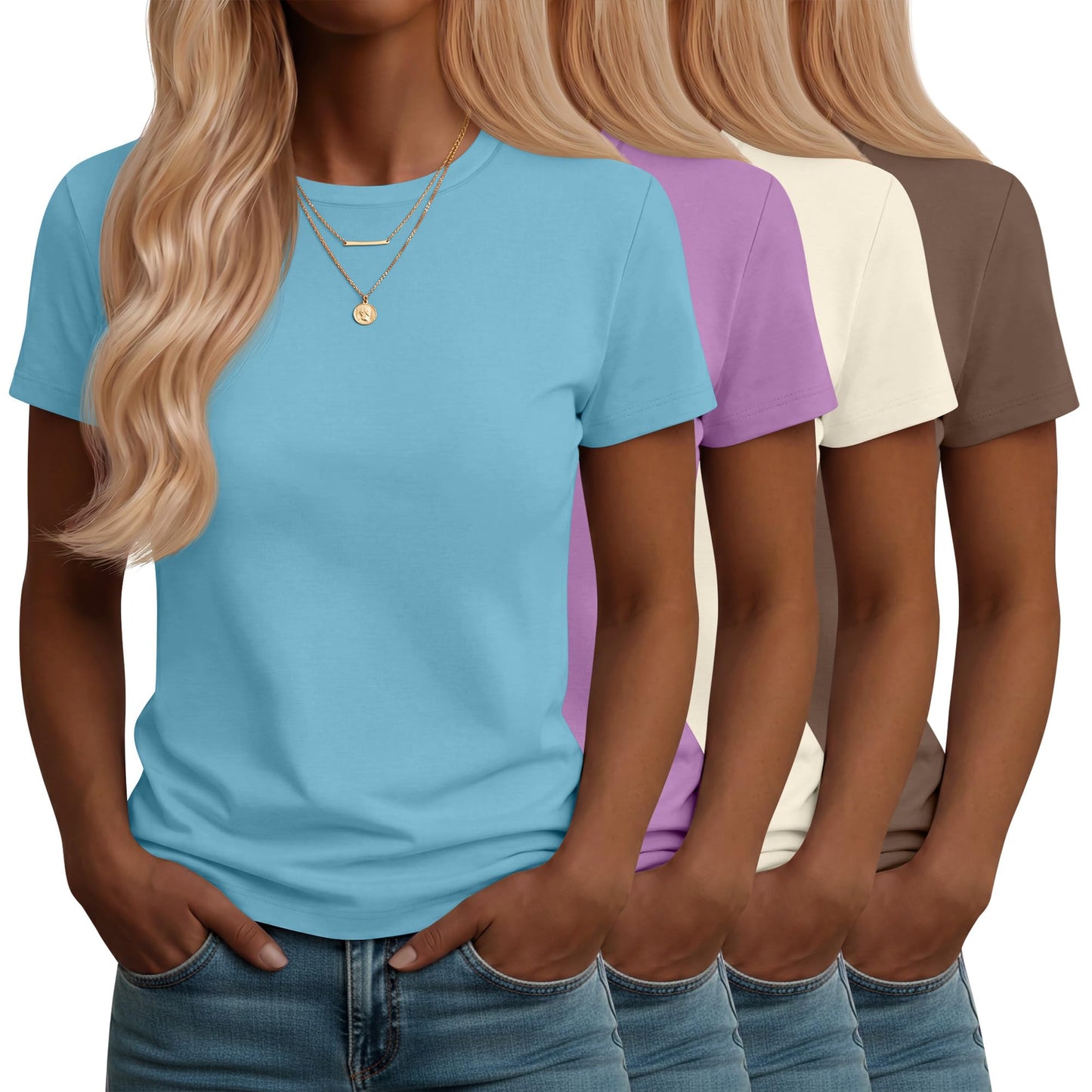 Neer 4 Pack Women's Crew Neck T Shirts Summer Short Sleeve Casual Basic Tops Loose Fit Flat Hem Tees