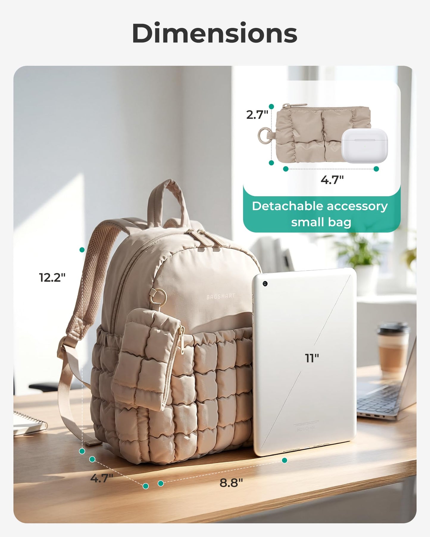BAGSMART Mini Backpacks for Women, Puffy Checkered Quilted, Lightweight Water-Resistant Small Backpack Set with Pouch