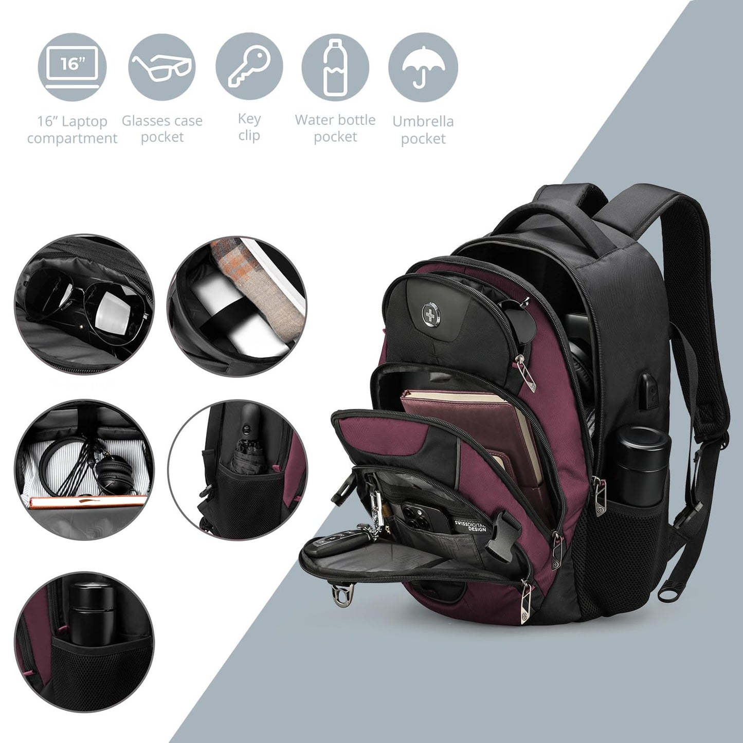 Swissdigital Business Travel Laptop Backpack-for Man and Woman with Smart USB Charging Port Fits 15.6 inches laptops, Blue