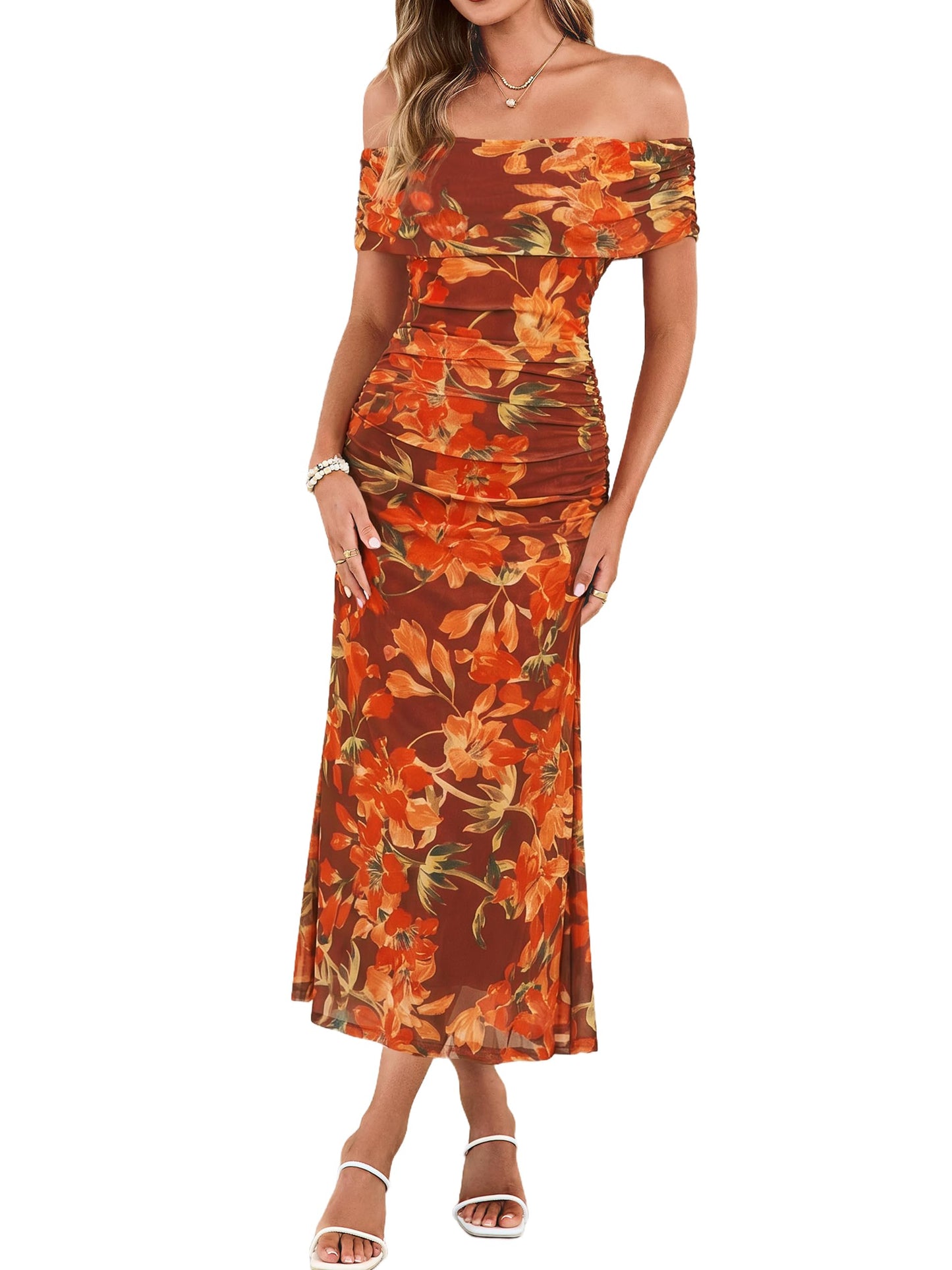 Simplee Womens Summer Floral Off Shoulder Maxi Dress 2026 Spring Ruched Bodycon Formal Wedding Guest Cocktail Dresses
