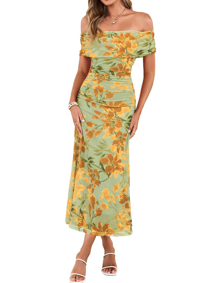 Simplee Womens Summer Floral Off Shoulder Maxi Dress 2026 Spring Ruched Bodycon Formal Wedding Guest Cocktail Dresses