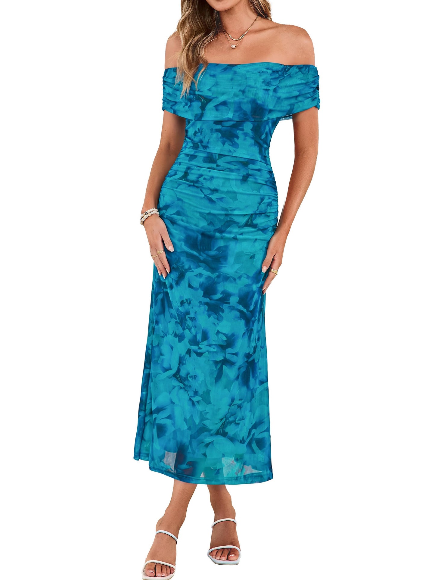 Simplee Womens Summer Floral Off Shoulder Maxi Dress 2026 Spring Ruched Bodycon Formal Wedding Guest Cocktail Dresses