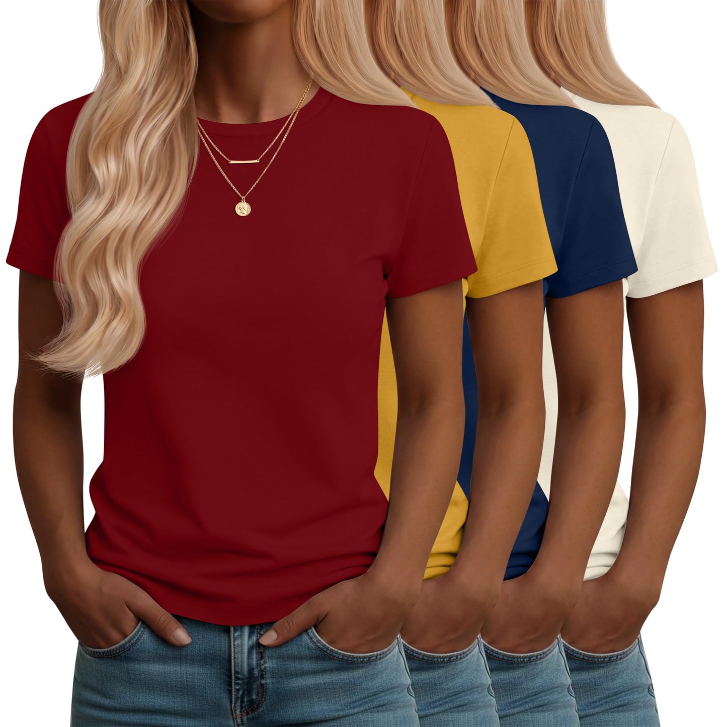 Neer 4 Pack Women's Crew Neck T Shirts Summer Short Sleeve Casual Basic Tops Loose Fit Flat Hem Tees