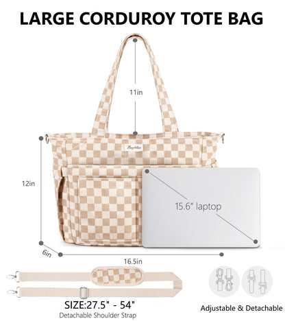 Bagstellar Corduroy Tote Bag for Women, 17 Pockets Laptop Work Tote Bag Lightweight Teacher Nurse Bible Bag for School Travel