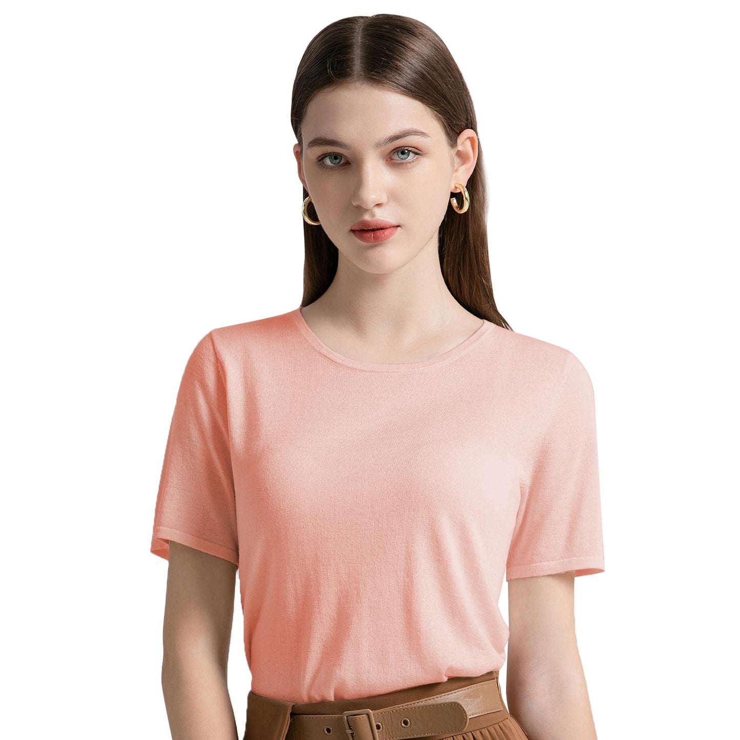 GreenMount Women's Silk Cashmere Round Neck T-Shirt Stretchy Basic Tee Summer Tops for Women
