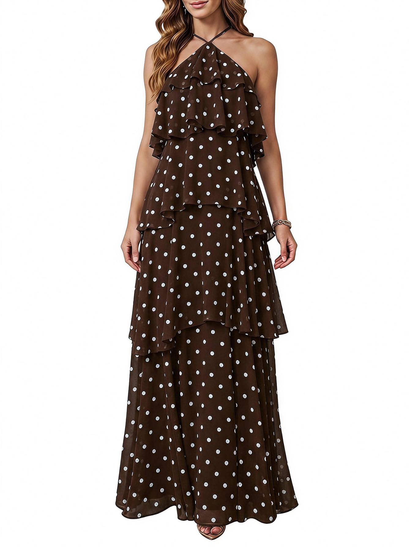 SOLY HUX Women's Wedding Guest Dress Sundresses Ruffle Layered Halter Backless Flowy Formal Maxi Dresses
