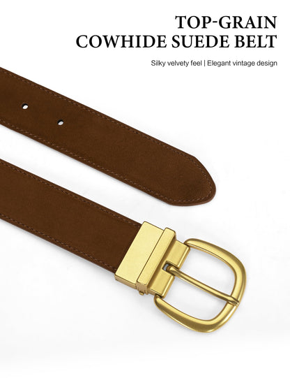 wolksprong Womens Suede Leather Belt Premium Top-Grain Suede with Gold Buckle for Business Casual Cut to Fit