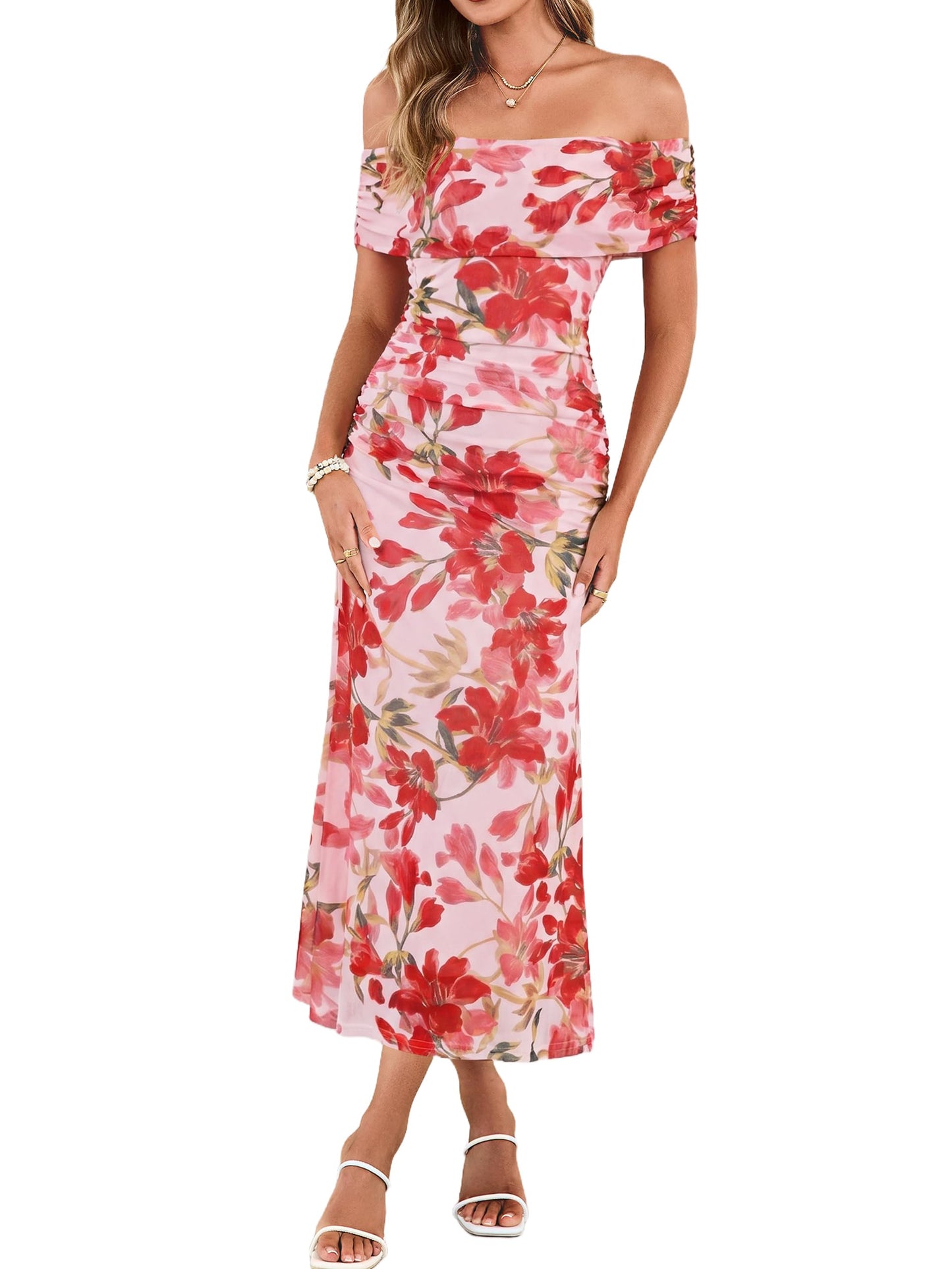 Simplee Womens Summer Floral Off Shoulder Maxi Dress 2026 Spring Ruched Bodycon Formal Wedding Guest Cocktail Dresses