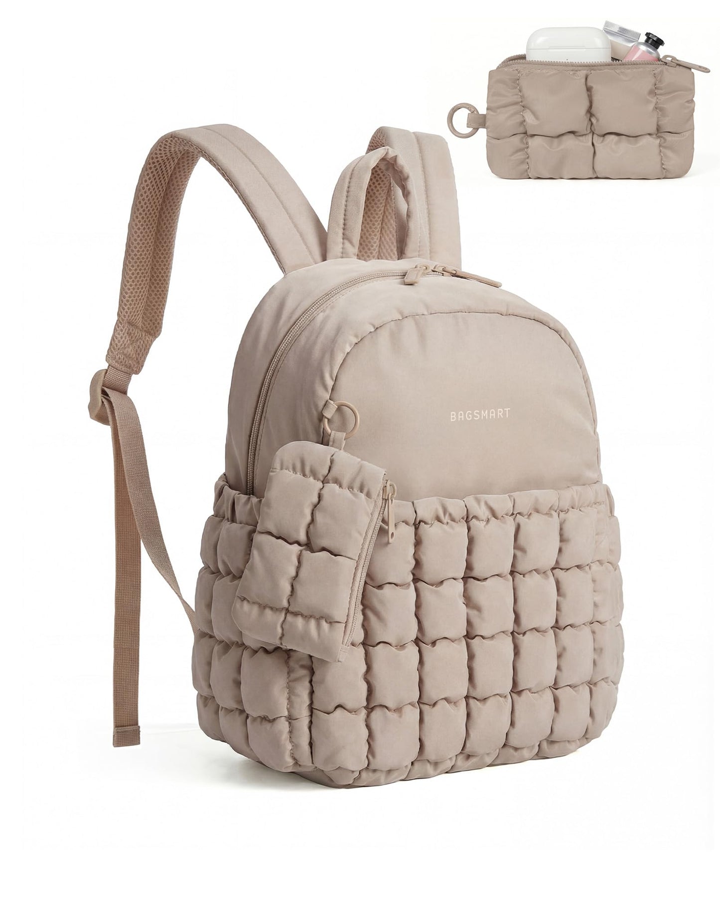 BAGSMART Mini Backpacks for Women, Puffy Checkered Quilted, Lightweight Water-Resistant Small Backpack Set with Pouch