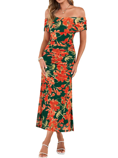 Simplee Womens Summer Floral Off Shoulder Maxi Dress 2026 Spring Ruched Bodycon Formal Wedding Guest Cocktail Dresses