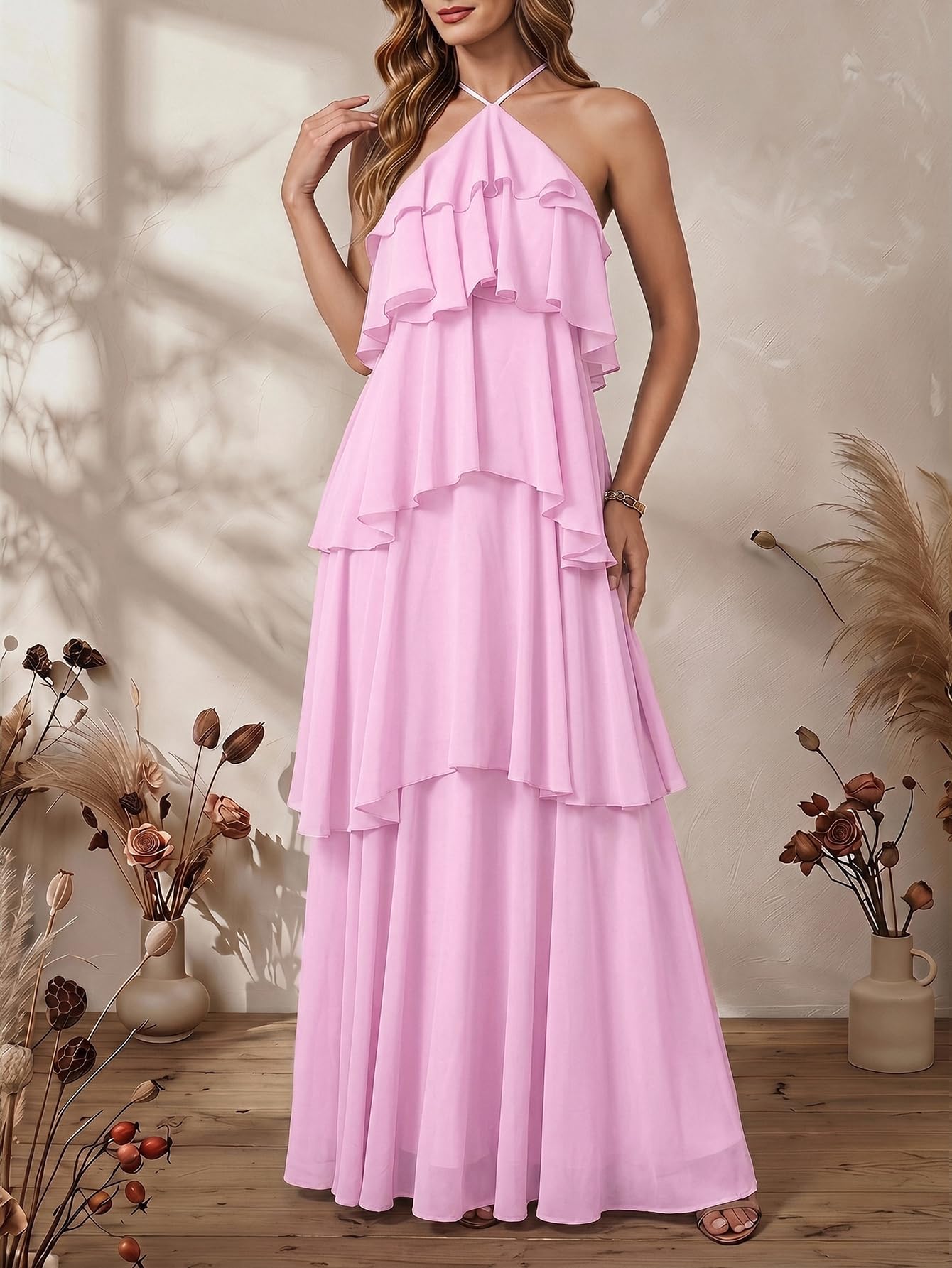 SOLY HUX Women's Wedding Guest Dress Sundresses Ruffle Layered Halter Backless Flowy Formal Maxi Dresses