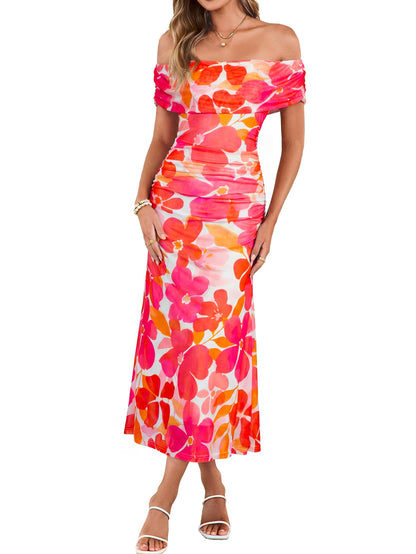 Simplee Womens Summer Floral Off Shoulder Maxi Dress 2026 Spring Ruched Bodycon Formal Wedding Guest Cocktail Dresses