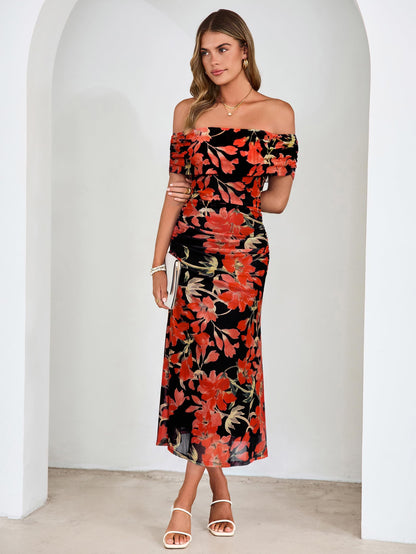 Simplee Womens Summer Floral Off Shoulder Maxi Dress 2026 Spring Ruched Bodycon Formal Wedding Guest Cocktail Dresses