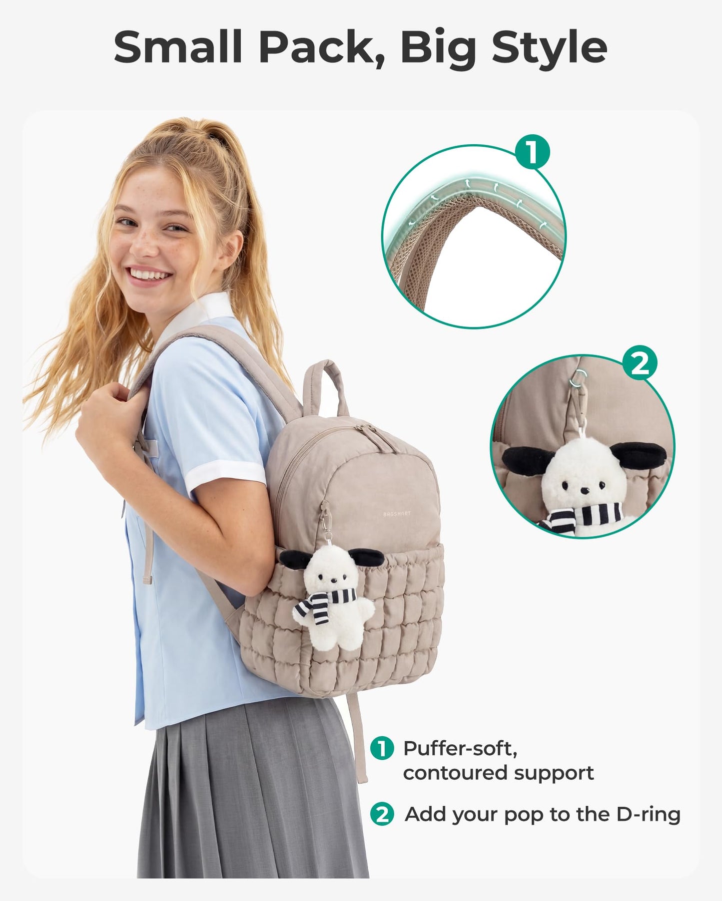 BAGSMART Mini Backpacks for Women, Puffy Checkered Quilted, Lightweight Water-Resistant Small Backpack Set with Pouch