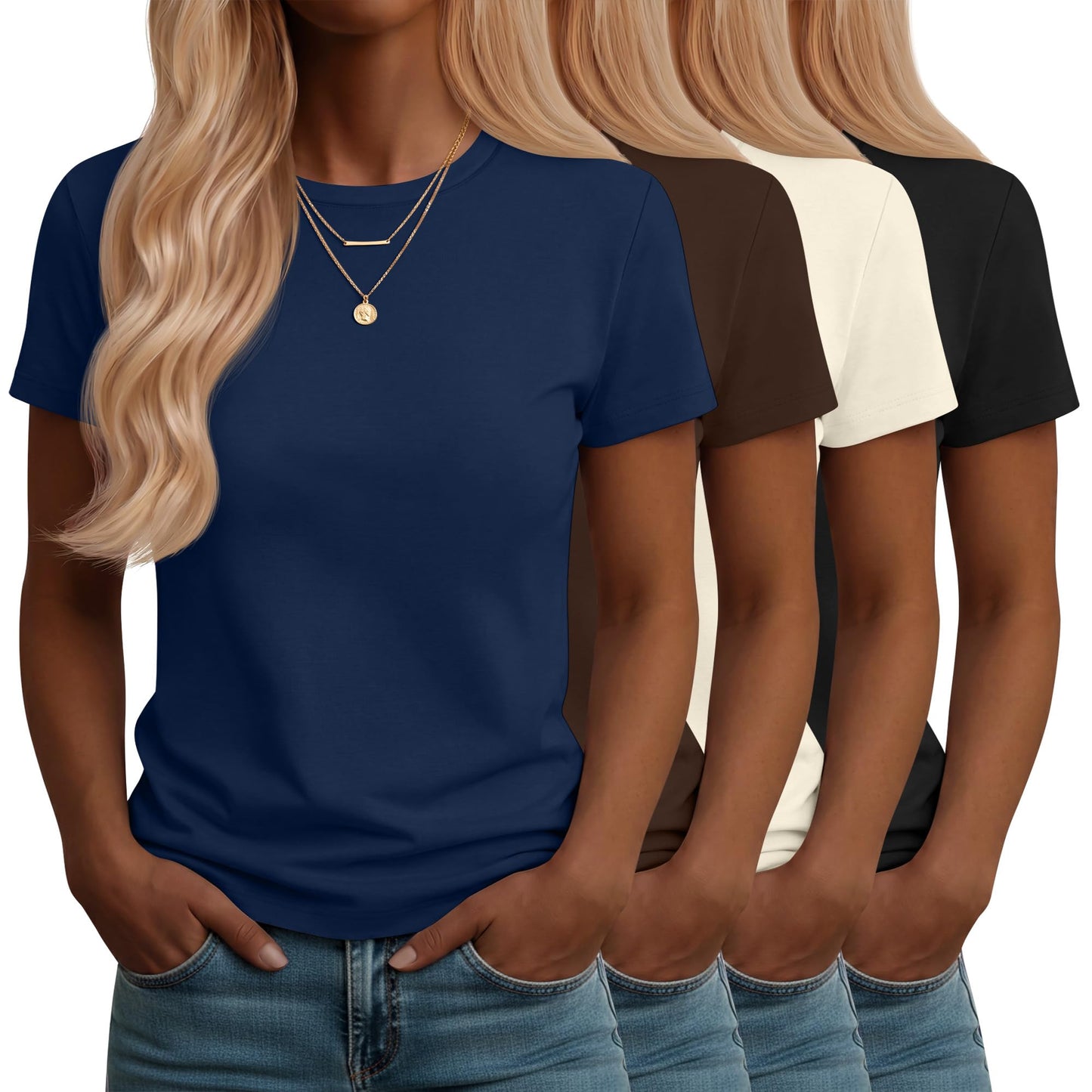 Neer 4 Pack Women's Crew Neck T Shirts Summer Short Sleeve Casual Basic Tops Loose Fit Flat Hem Tees