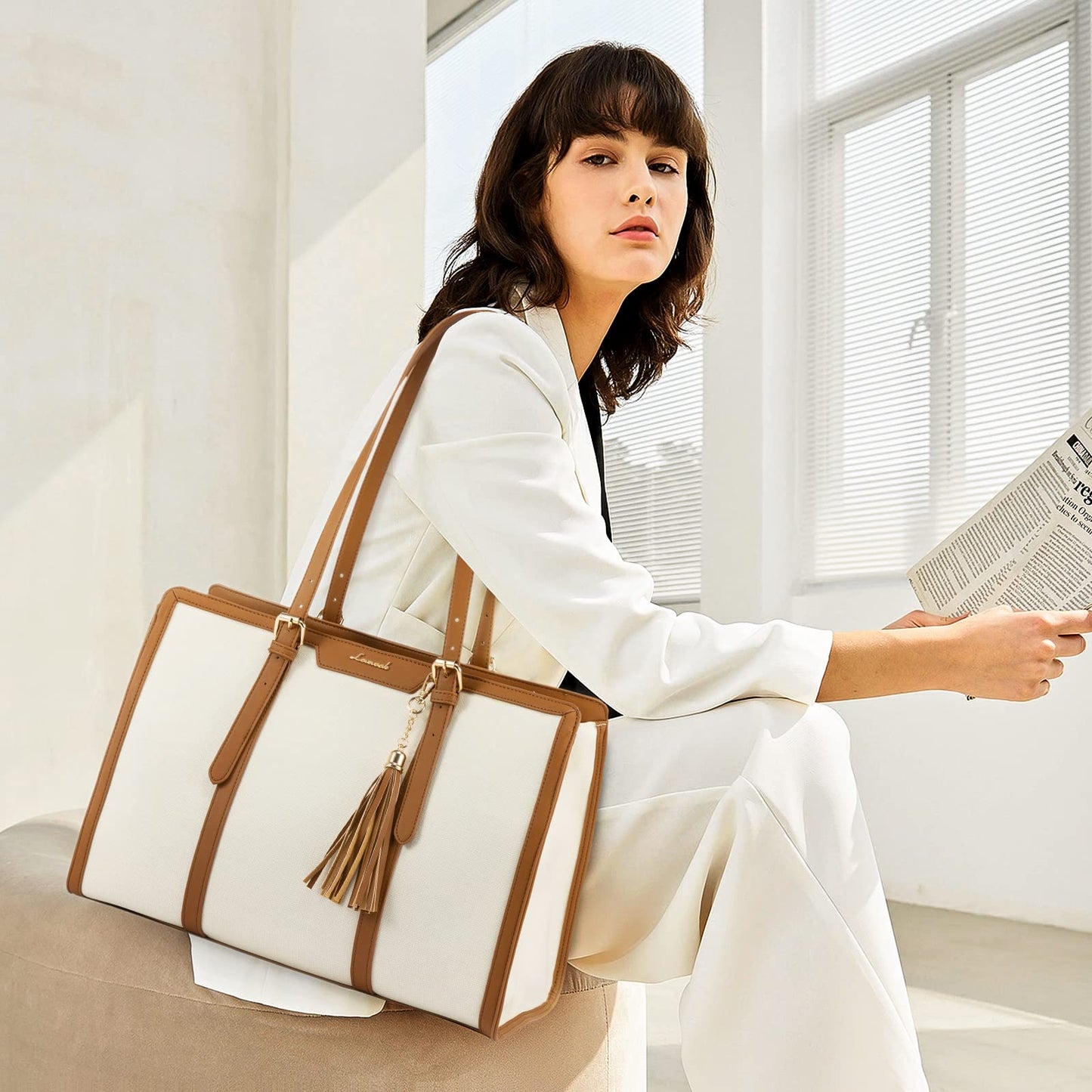 LOVEVOOK Laptop Tote Bag for Women,17 inch Canvas Leather Computer bag with Clutch Purse for Business, Travel, School, Casual