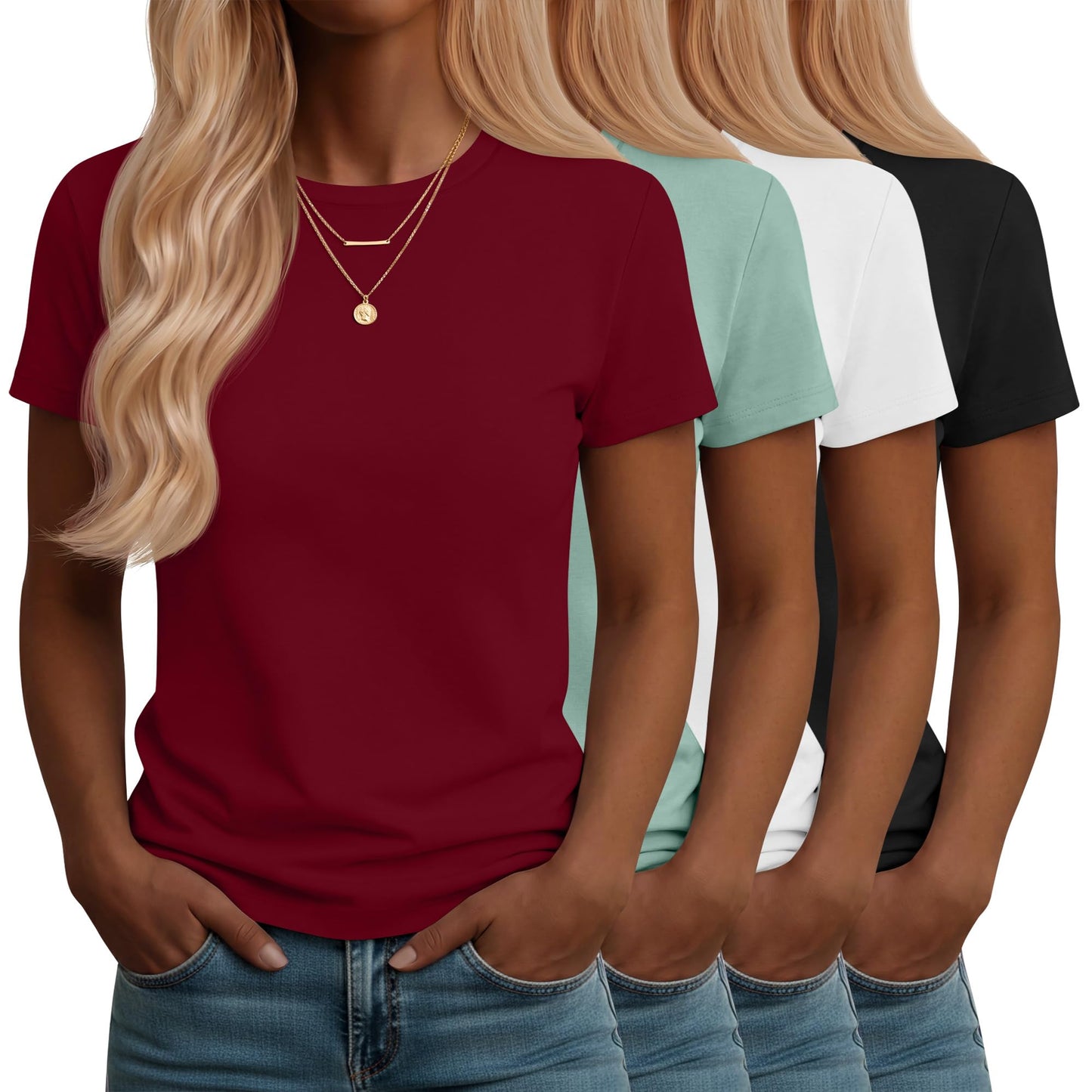 Neer 4 Pack Women's Crew Neck T Shirts Summer Short Sleeve Casual Basic Tops Loose Fit Flat Hem Tees