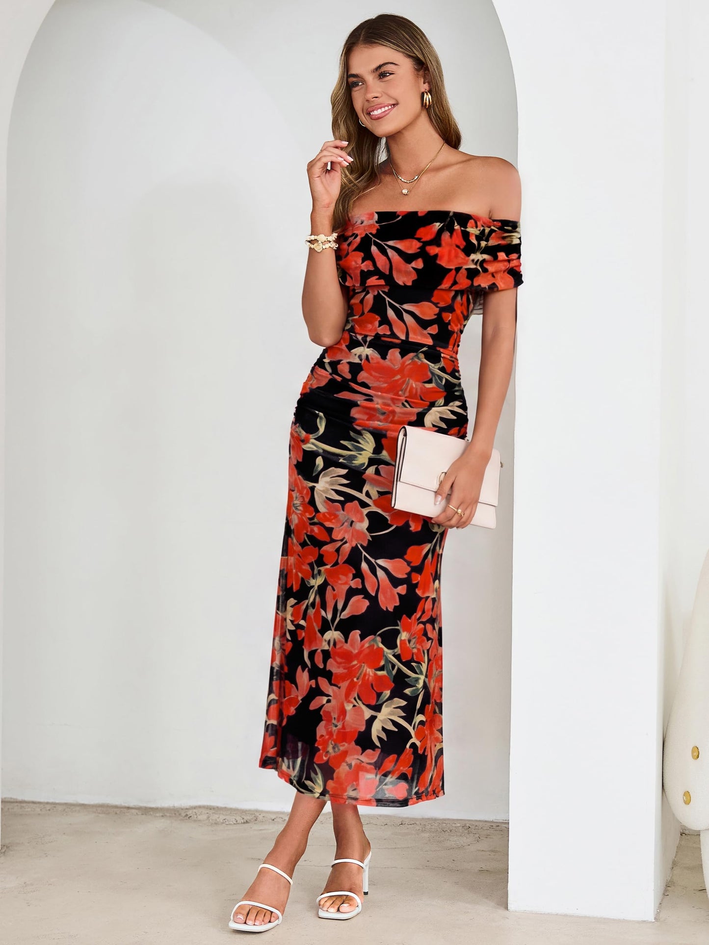 Simplee Womens Summer Floral Off Shoulder Maxi Dress 2026 Spring Ruched Bodycon Formal Wedding Guest Cocktail Dresses